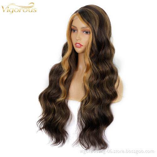 Highlight Blonde High Quality Side Part Synthetic lace Long Wavy Glueless Wig Women Cosplay Heat Resistant Fiber Curly Color Wig
